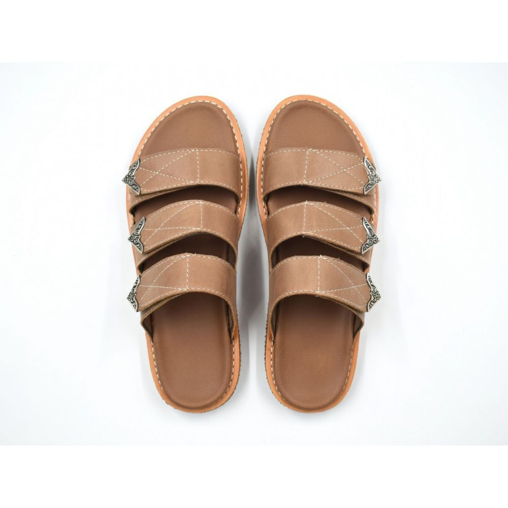 Quality Men Tan Multi Strap Faux Leather Slides
